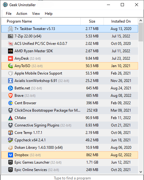Geek Uninstaller program list with recently modified entries highlighted